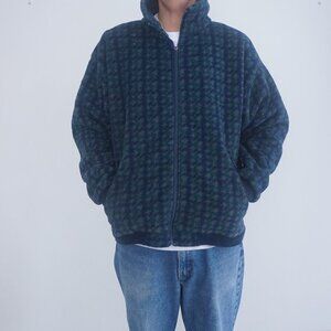 Vintage Lands' End Navy Green Fleece Houndstooth Pattern Zip Up Sweater Large
